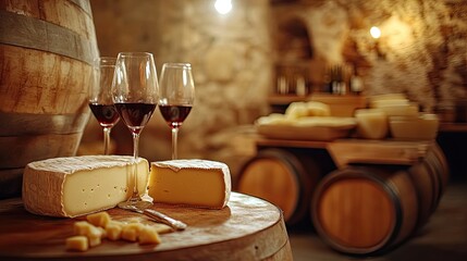 Fototapeta premium Gourmet Cheese and Red Wine Pairing in Rustic Cellar Setting