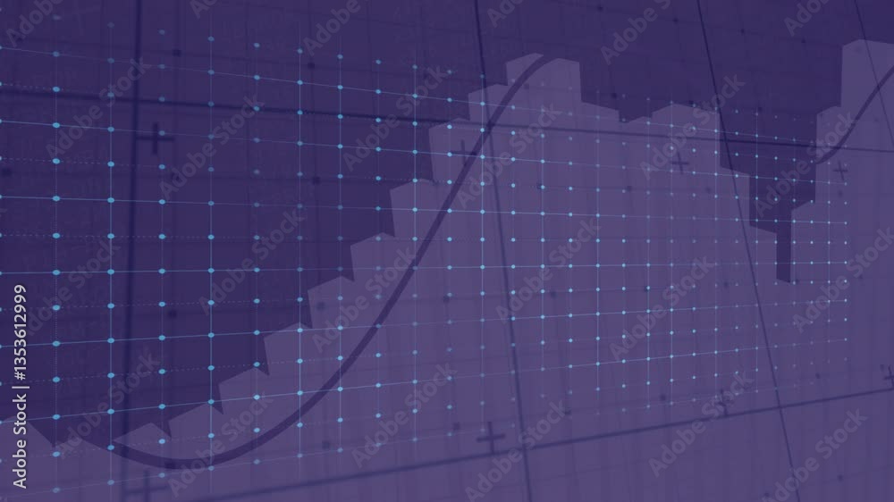 Poster animation of pulsating blue waveform over grid and bar graph background