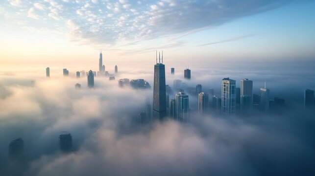 Chicago Skyline Enveloped in Morning Mist: A Breathtaking Aerial View - Powered by Adobe