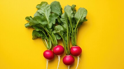 Fresh Radishes with Green Leaves on Bright Yellow Background