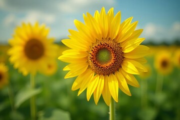 Obraz premium Three sunflowers in a field with one in focus and two blurred, growth, Focus, environment