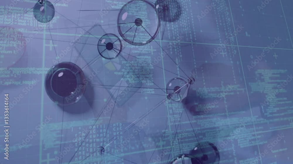 Poster data processing animation with network connections on digital interface background