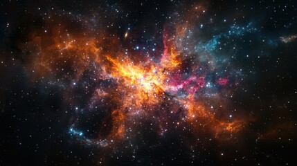 A breathtaking view of a distant galaxy, filled with vibrant nebulae and countless stars, set against the deep blackness of space. 