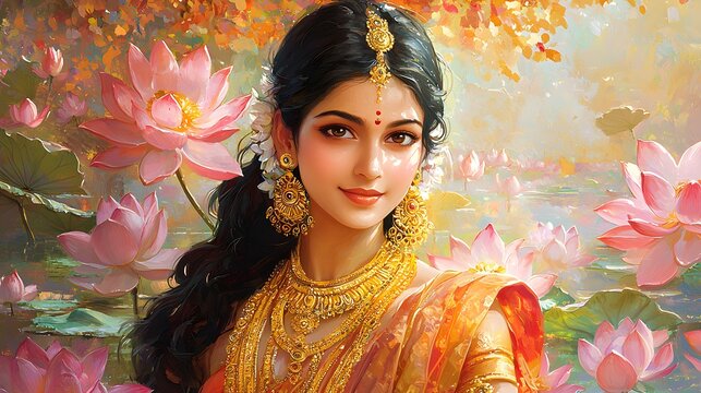 Radiant Goddess Parvati Surrounded by Blooming Lotus Flowers