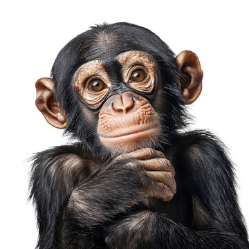 Introspective chimpanzee portrait with hand to chin set against a clear backdrop showing its thoughtful expression An adorable primate photo