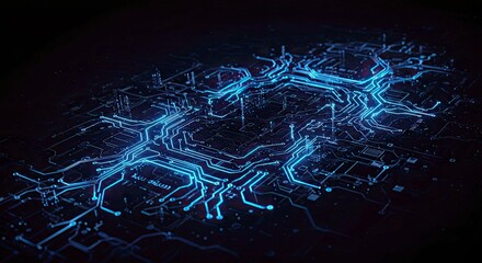 A high-tech digital matrix background in dark cobalt blue and black, featuring interconnected glowing lines