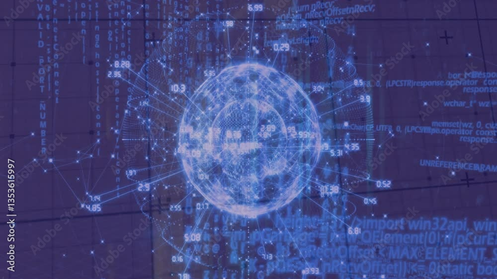 Poster animation of digital globe with data points and binary code on blue background