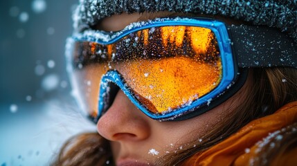 Close-up of a person wearing ski goggles in snow