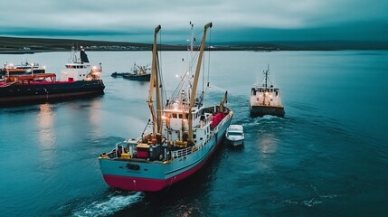 Obraz premium Tranquil Harbor Fishing Boats Dusk Dawn