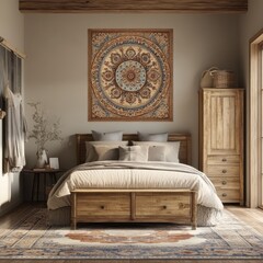 Cozy rustic bedroom featuring wooden furniture and circular wall art