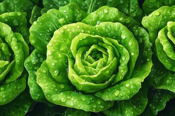 Fototapeta premium Lettuce garden bed featuring large green lettuce leaf covered in water droplets. Concept of fresh vegetables in lettuce garden bed, highlighting vibrant textures and natural beauty.