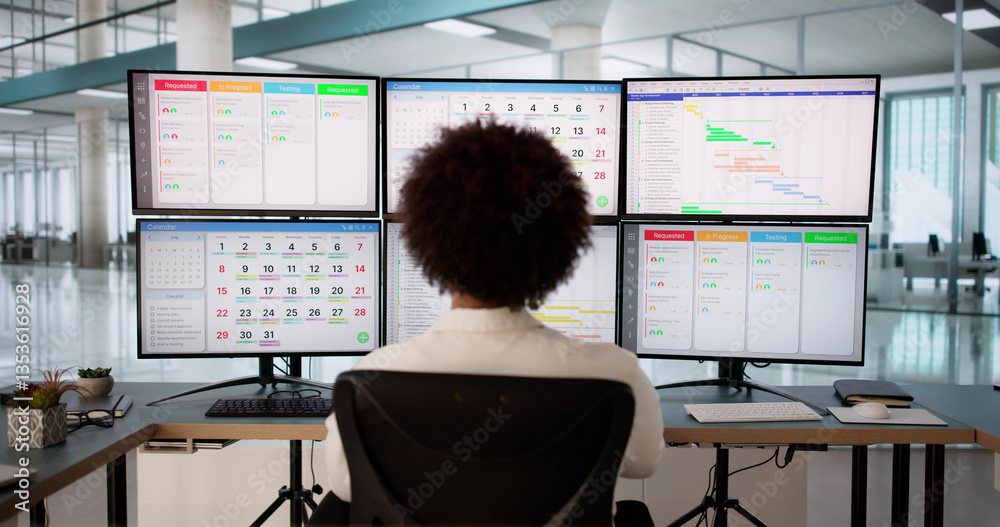 Poster busy african american man using kanban project management software on computer