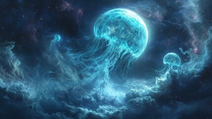 Naklejka premium An ancient alien planet with two suns, covered in towering crystalline mountains and rivers of glowing blue energy. 