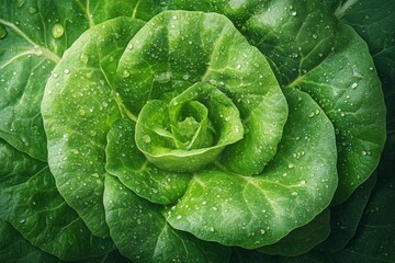 Close-up of vibrant lettuce garden bed with fresh, green leaves glistening with water droplets. Concept of healthy, thriving vegetables in lettuce garden bed.
