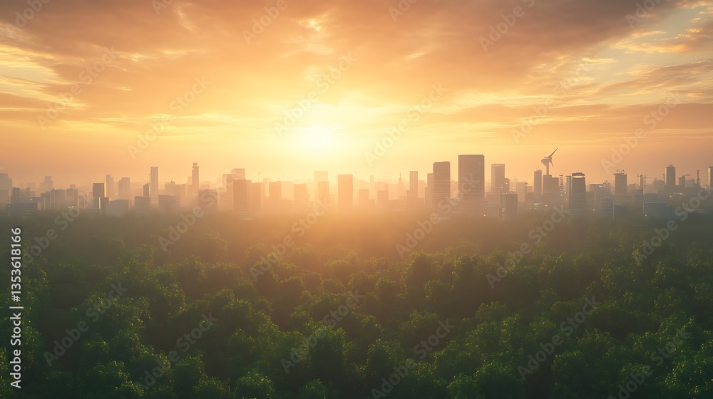 Aufkleber sunrise over a city skyline with trees in the foreground, creating a serene urban landscape.