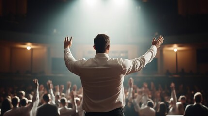 A pastor passionately delivers a sermon in a bustling auditorium filled with engaged worshippers raising their hands in enthusiasm. The atmosphere is electrifying and uplifting