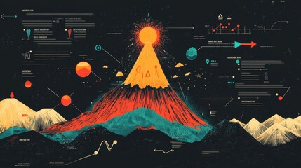 A science experiment infographic demonstrating how volcanoes erupt, using easy-to-understand diagrams and arrows.