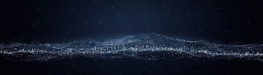 Naklejka premium Night city skyline glows with modern lights against dark sky, future, digital art