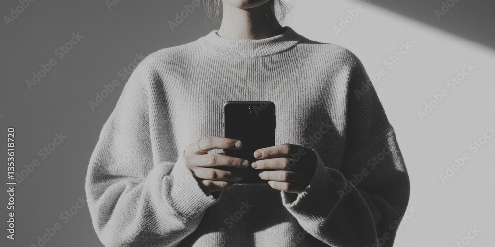 Poster minimalist digital mindfulness gen z tech interaction in monochrome - ergonomic mobile experience ex