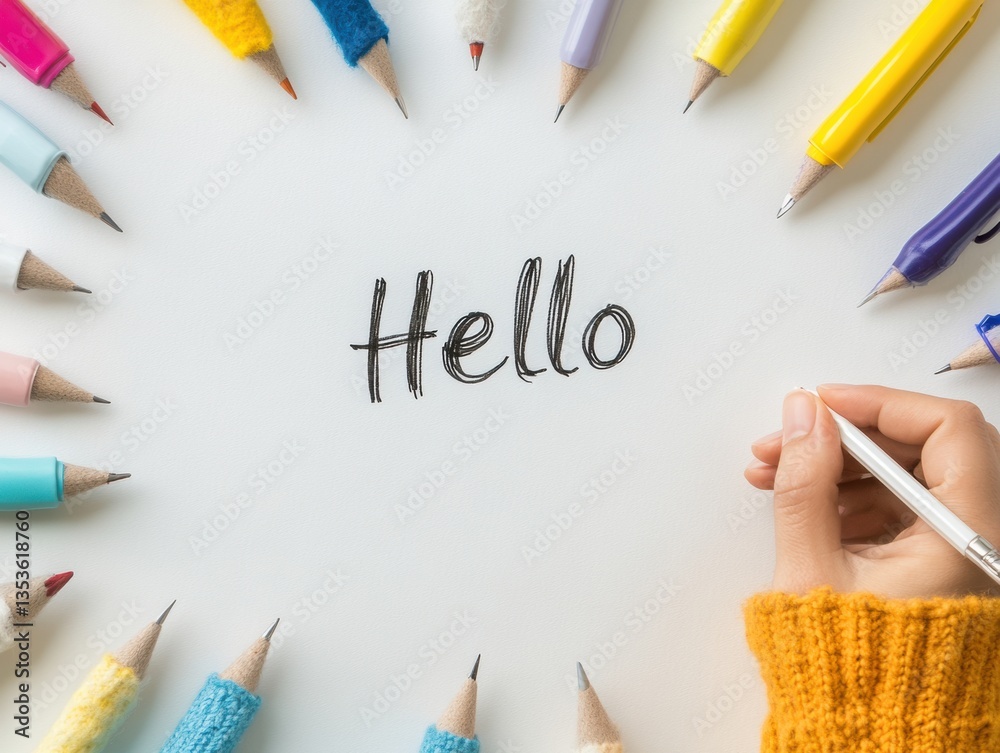 Aufkleber Vibrant Creative Communication Minimalist Hello Design with Colorful Pencils - Dynamic Workspace Inspiration for Global Collaboration and Digital Storytelling
