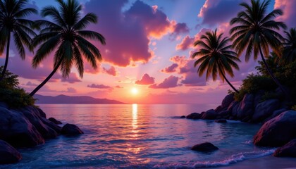 Tropical Paradise at Dusk Create a vibrant tropical sunset scene with lush palm trees silhouetted against a colorful sky