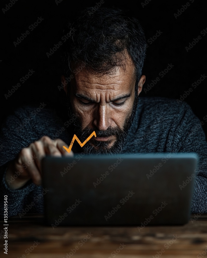 Poster Intense Digital Focus Millennial Professional Analyzing Performance Metrics with AI-Enhanced Visualization in Dark Mode Workplace Ecosystem