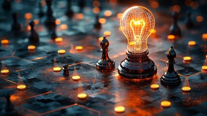 Illuminated lightbulb amidst chess pieces on a hexagonal board; symbolizing idea generation in challenging situations