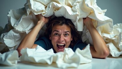 Unrecognizable figure trapped under a pile of crumpled papers, struggling to break free, papers, chaos, escape