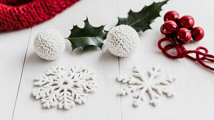 Festive White Ornaments on Wooden Background
