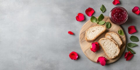 Romantic Slow Living Breakfast Artisanal Wooden Board with Rustic Bread and Rose Petal Jam - Mindful Morning Wellness Content for Lifestyle Brands