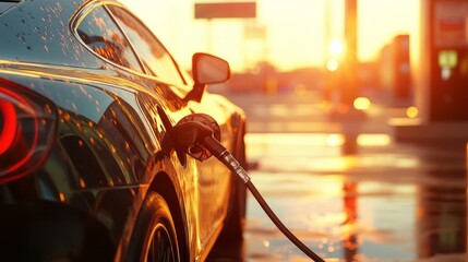 Sunset at a gas station with a fuel pump nozzle refueling a car, the warm orange hues of the sky casting a soft light on the scene,The warm hues of the setting sun illuminate a gas station as a fuel 