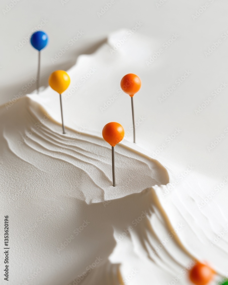 Poster minimalist journey mapping vibrant geo-tracking pins on sculpted topographic surface - innovative tr