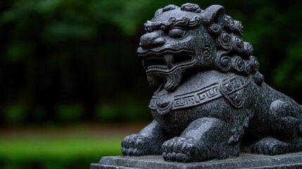 Fototapeta premium Dark stone guardian lion statue in a park