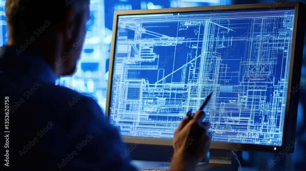 Poster engineer analyzing structural blueprints on computer screen