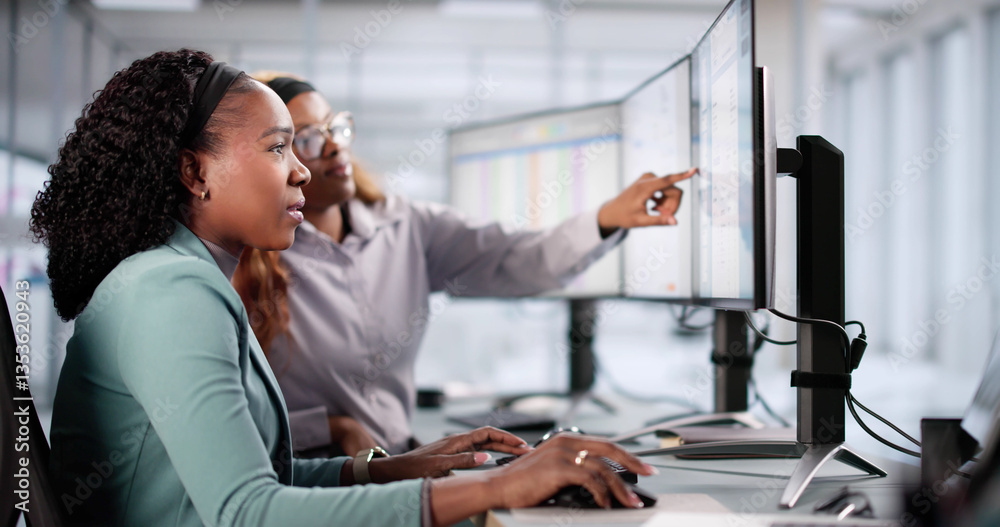 Poster Young accountant using e-invoice software to calculate electronic bills