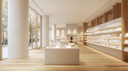 Minimalist bright store interior with wooden floors, display shelves, and large windows.