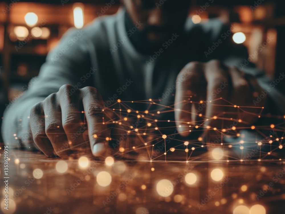 Poster Immersive Digital Connectivity AI-Powered Network Visualization with Professional Innovation - Transformative Tech Interaction in Moody Ambient Lighting