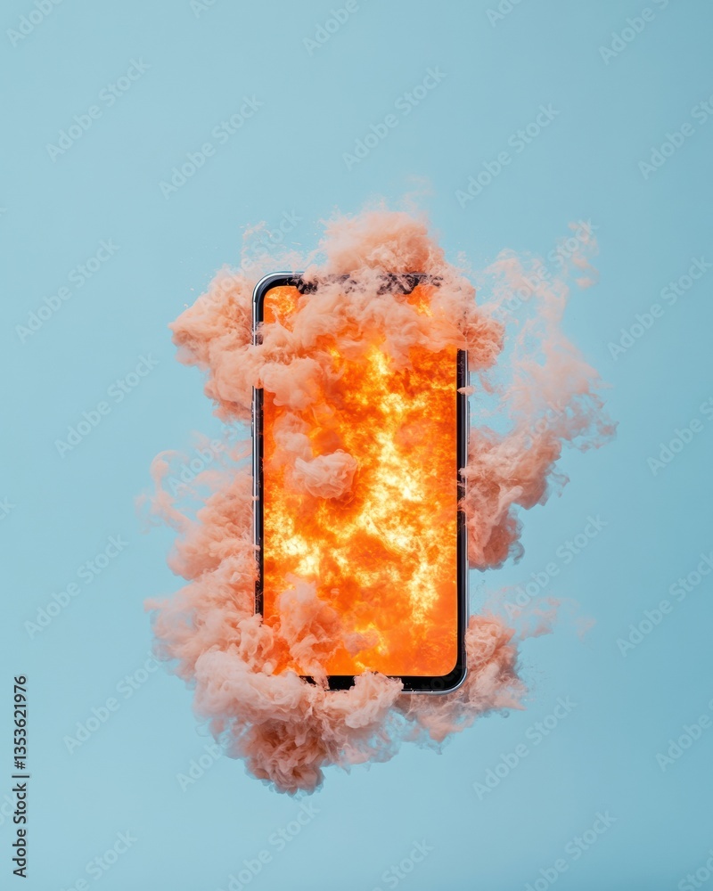 Poster disruptive tech visualization smartphone combustion metaphor illustrating digital transformation, pe