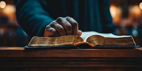 A persons hand resting on an open book on a table