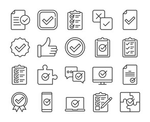 Check mark icons. Approved and recommended line icon set. Editable Stroke.