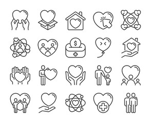 Care icons. Love and friendship, Care and charity line icon set. Editable Stroke.