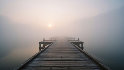 Fototapeta premium Serene Morning Fog Generate a tranquil morning scene with a wooden pier shrouded in gentle fog