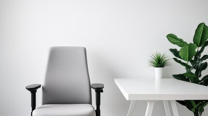Fototapeta premium Minimalist workspace for small businesses Concept, Bright and Modern Workspace Featuring Ergonomic Chair and Minimalist White Desk with Indoor Plant