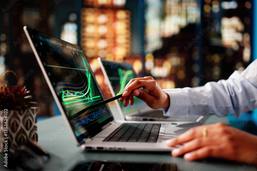 Poster Stock Trader Woman Using Multiple Computers