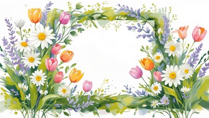 Obraz premium Botanical watercolor frame with tulips, daisies, foliage, and blank space for your text