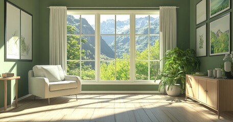 Green mountain view living room interior design