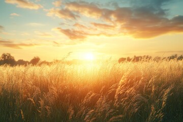 Fototapeta premium Stunning summer meadow at sunset, golden clouds above, warm glow over fields. Concept of summer meadow showcasing seasons' beauty and tranquility.