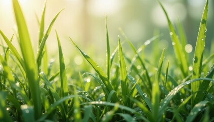 Morning Dew Illustrate a close up view of grass blades adorned with sparkling dew drops in the early morning light
