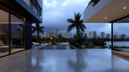 Obraz premium Modern, luxurious patio with a stunning view of a city skyline. A glistening swimming pool and lush landscaping accentuate the contemporary design