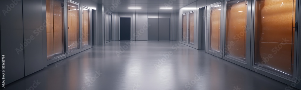 Poster Modern industrial corridor with metallic walls and illuminated spaces, featuring large windows.